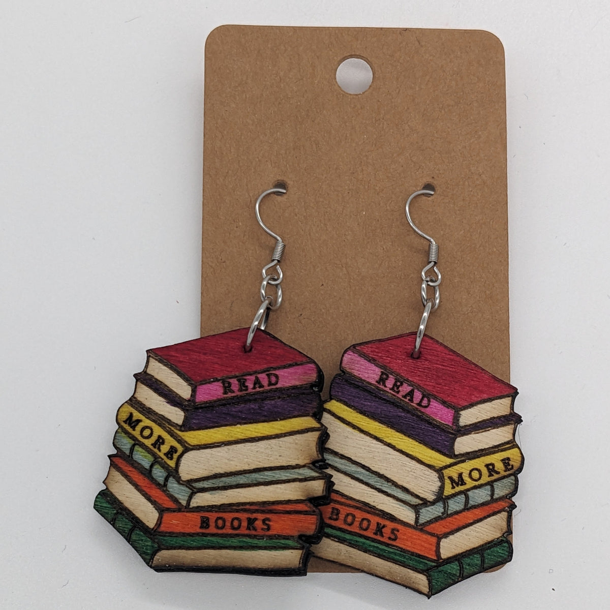 Wooden Pencil & Stack Of Books Dangle Earrings - Handmade Librarian Teacher Gift, Hook Earrings For Women - View #14