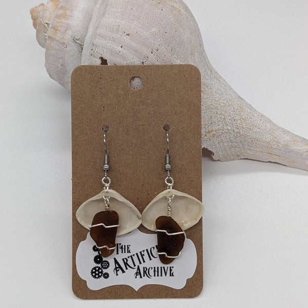 Shells and Sea Glass Earrings - Brown