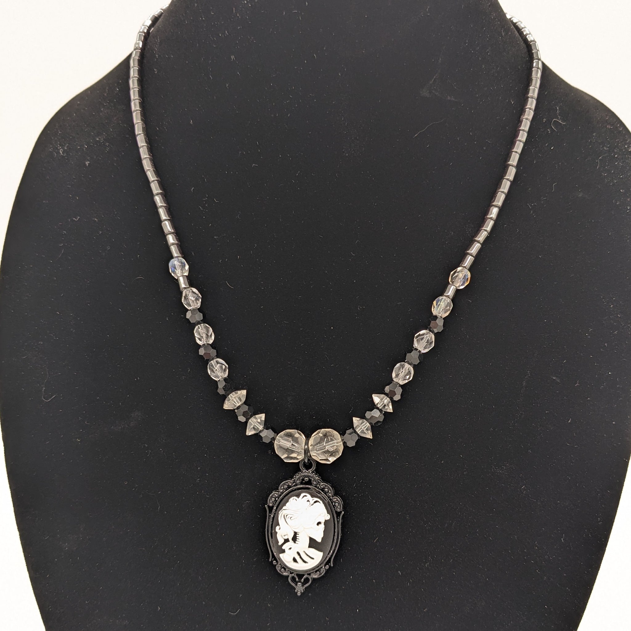 Lady Skeleton Necklace in White and Hematite