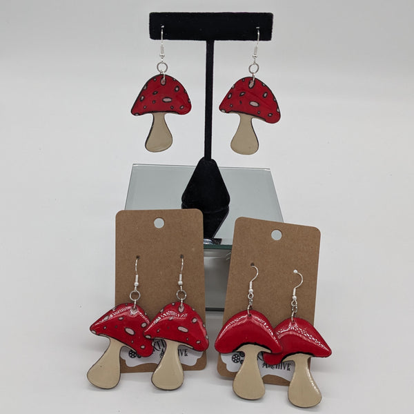 Red and White Wood Mushroom Earrings