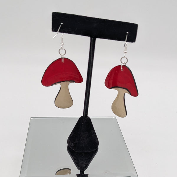 Red and White Wood Mushroom Earrings