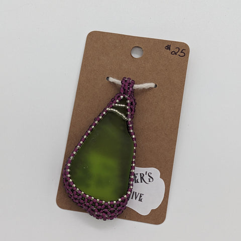 Green Sea Glass in Purple Beaded Bezel