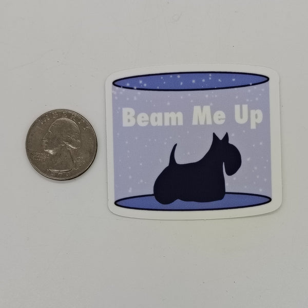 the silhouette of a Scottish terrier on a transporter with the words 'Beam Me Up'