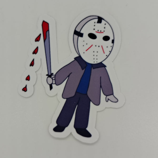 chibi jason vorhees with a machete dripping blood in the shape of hearts