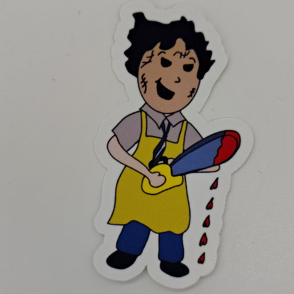 chibi leatherface with a chainsaw dripping blood in the shape of hearts