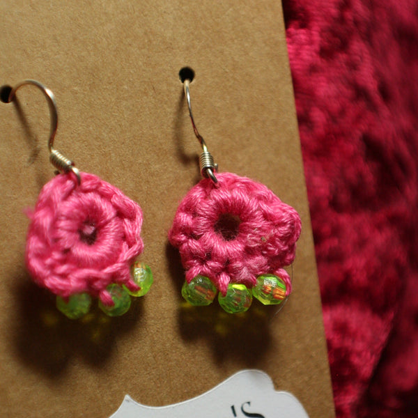 Tiny Pink and Green Crochet Earrings