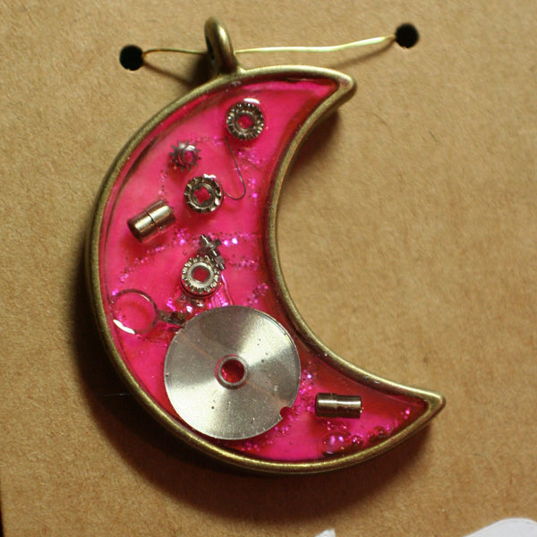 Hot Pink Brass Moon Steampunk Pendant