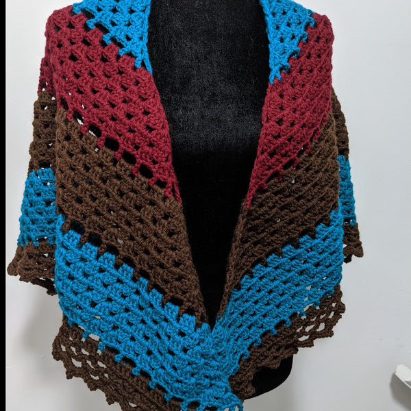 Wine, blue and brown shawl