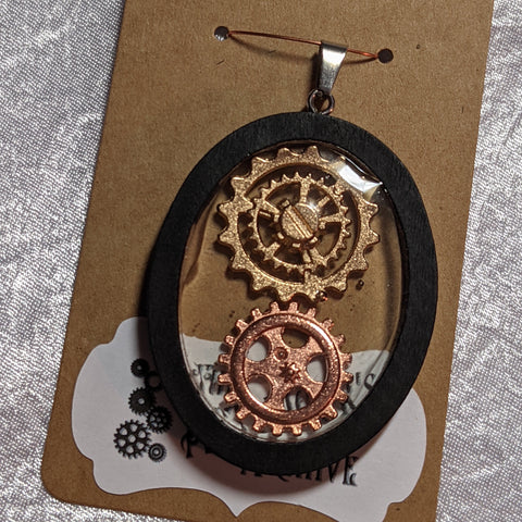Pendant - Dark Wood Oval and Gears