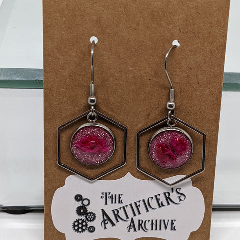 Geometric Resin Drop Earrings -  Hot Pink Flowers