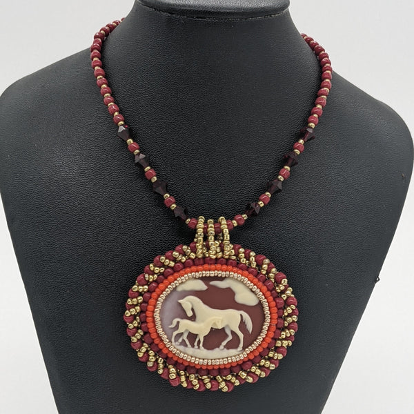 Maroon and Gold Horse Cabochon Necklace