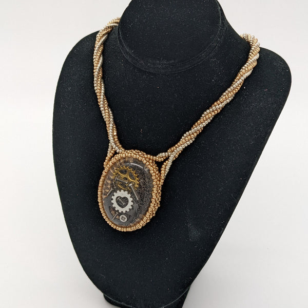 Beaded Steampunk Necklace - Gold and Silver