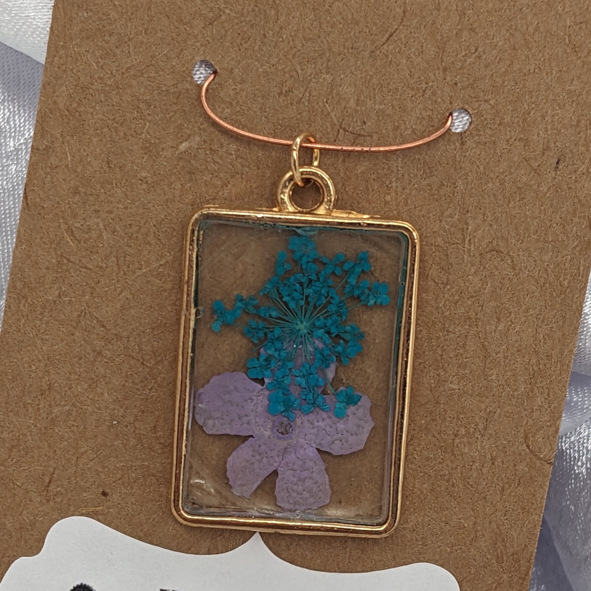 Gold Rectangle Resin Flower Pendant