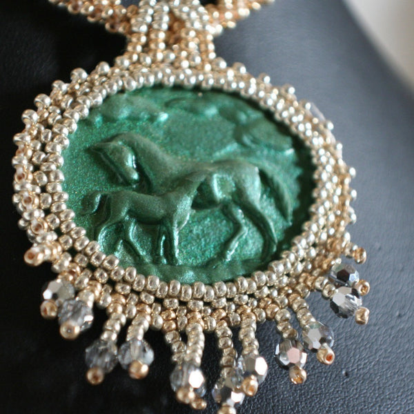 Green Gold and Silver Horse Cabochon Necklace
