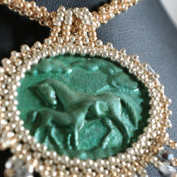 Green Gold and Silver Horse Cabochon Necklace